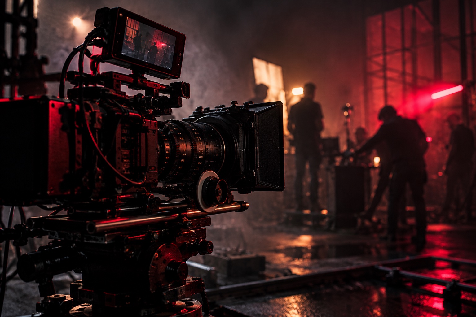 Cinema camera and crew on a dramatically lit set
